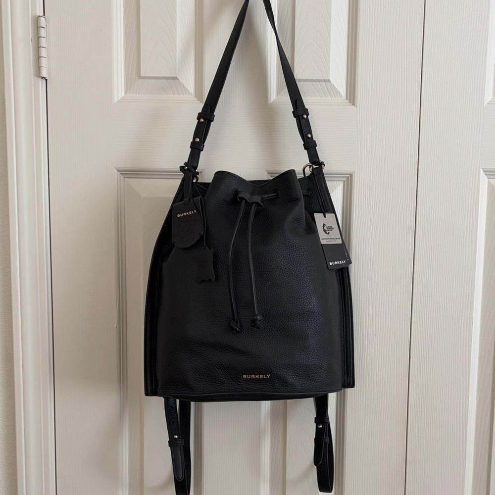 Black Leather Drawstring Backpack NWT - image 1